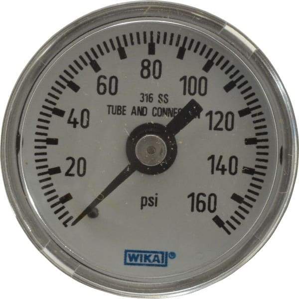 Wika - 1-1/2" Dial, 1/8 Thread, 0-160 Scale Range, Pressure Gauge - Center Back Connection Mount, Accurate to 2.5% of Scale - Americas Industrial Supply