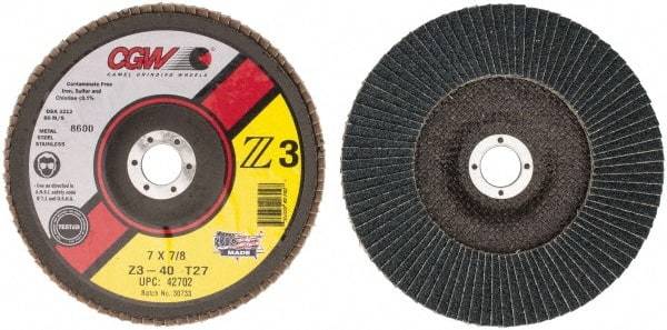 Camel Grinding Wheels - 40 Grit, 7" Disc Diam, 7/8" Center Hole, Type 27 Zirconia Alumina Flap Disc - 8,600 Max RPM, Poly Cotton Backing, Arbor Attaching System, Coated - Americas Industrial Supply
