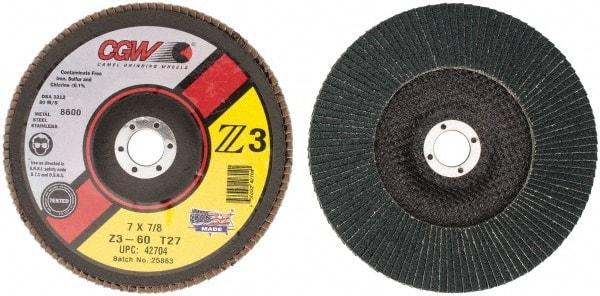 Camel Grinding Wheels - 60 Grit, 7" Disc Diam, 7/8" Center Hole, Type 27 Zirconia Alumina Flap Disc - 8,600 Max RPM, Poly Cotton Backing, Arbor Attaching System, Coated - Americas Industrial Supply
