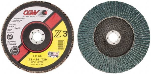 Camel Grinding Wheels - 24 Grit, 7" Disc Diam, 7/8" Center Hole, Type 29 Zirconia Alumina Flap Disc - 8,600 Max RPM, Poly Cotton Backing, Arbor Attaching System, Coated - Americas Industrial Supply