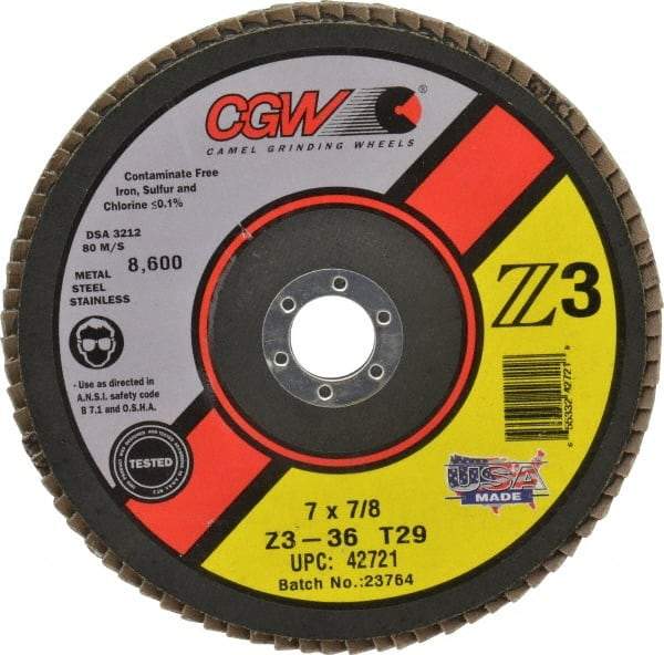 Camel Grinding Wheels - 36 Grit, 7" Disc Diam, 7/8" Center Hole, Type 29 Zirconia Alumina Flap Disc - 8,600 Max RPM, Poly Cotton Backing, Arbor Attaching System, Coated - Americas Industrial Supply