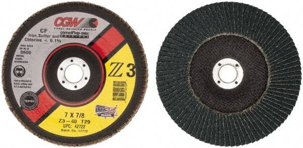 Camel Grinding Wheels - 40 Grit, 7" Disc Diam, 7/8" Center Hole, Type 29 Zirconia Alumina Flap Disc - 8,600 Max RPM, Poly Cotton Backing, Arbor Attaching System, Coated - Americas Industrial Supply