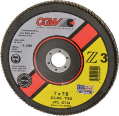 Camel Grinding Wheels - 60 Grit, 7" Disc Diam, 7/8" Center Hole, Type 29 Zirconia Alumina Flap Disc - 8,600 Max RPM, Poly Cotton Backing, Arbor Attaching System, Coated - Americas Industrial Supply