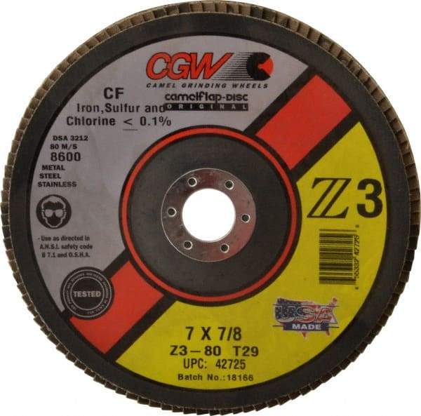 Camel Grinding Wheels - 80 Grit, 7" Disc Diam, 7/8" Center Hole, Type 29 Zirconia Alumina Flap Disc - 8,600 Max RPM, Poly Cotton Backing, Arbor Attaching System, Coated - Americas Industrial Supply