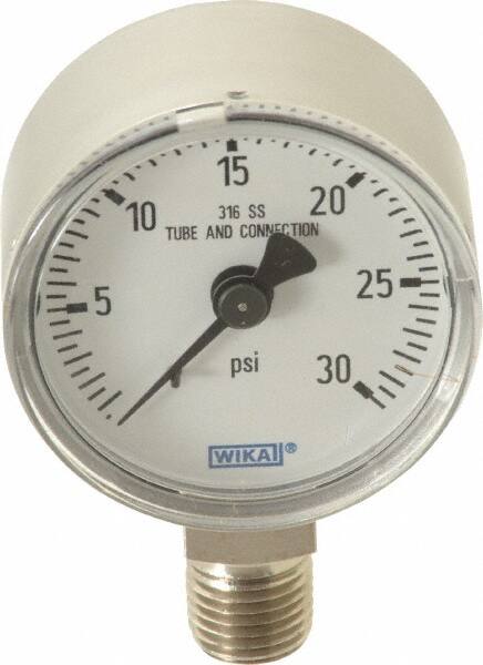Wika - 2" Dial, 1/4 Thread, 0-30 Scale Range, Pressure Gauge - Lower Connection Mount, Accurate to 2.5% of Scale - Americas Industrial Supply