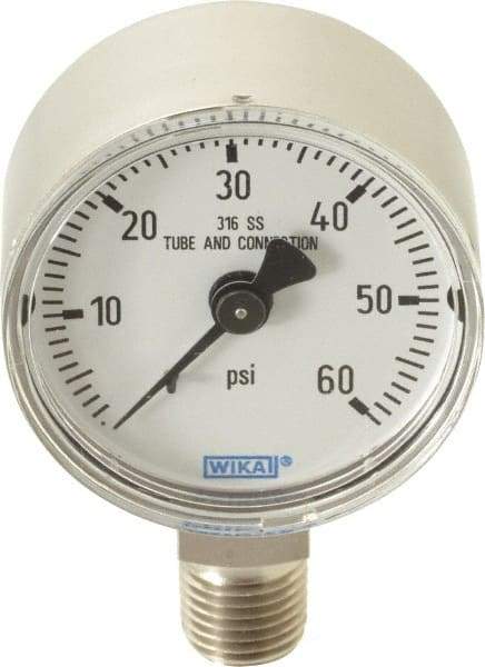 Wika - 2" Dial, 1/4 Thread, 0-60 Scale Range, Pressure Gauge - Lower Connection Mount, Accurate to 2.5% of Scale - Americas Industrial Supply