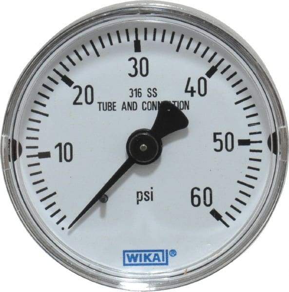 Wika - 2" Dial, 1/4 Thread, 0-60 Scale Range, Pressure Gauge - Center Back Connection Mount, Accurate to 2.5% of Scale - Americas Industrial Supply