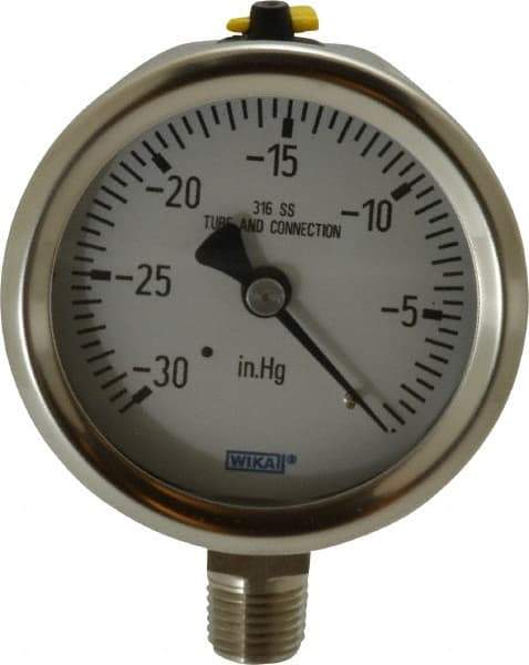 Wika - 2-1/2" Dial, 1/4 Thread, 30-0 Scale Range, Pressure Gauge - Lower Connection Mount, Accurate to 1.5% of Scale - Americas Industrial Supply