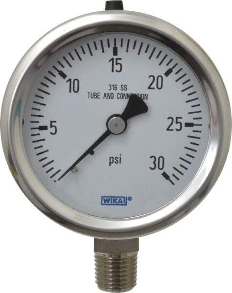 Wika - 2-1/2" Dial, 1/4 Thread, 0-30 Scale Range, Pressure Gauge - Lower Connection Mount, Accurate to 1.5% of Scale - Americas Industrial Supply
