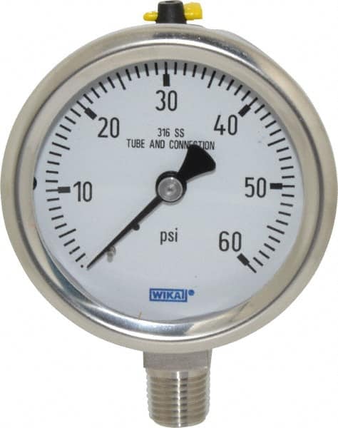 Wika - 2-1/2" Dial, 1/4 Thread, 0-60 Scale Range, Pressure Gauge - Lower Connection Mount, Accurate to 1.5% of Scale - Americas Industrial Supply