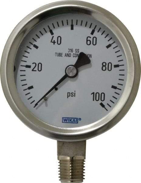Wika - 2-1/2" Dial, 1/4 Thread, 0-100 Scale Range, Pressure Gauge - Lower Connection Mount, Accurate to 1.5% of Scale - Americas Industrial Supply