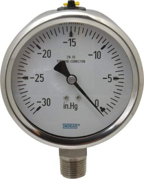 Wika - 4" Dial, 1/2 Thread, 30-0 Scale Range, Pressure Gauge - Lower Connection Mount, Accurate to 1% of Scale - Americas Industrial Supply