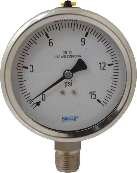 Wika - 4" Dial, 1/2 Thread, 0-15 Scale Range, Pressure Gauge - Lower Connection Mount, Accurate to 1% of Scale - Americas Industrial Supply