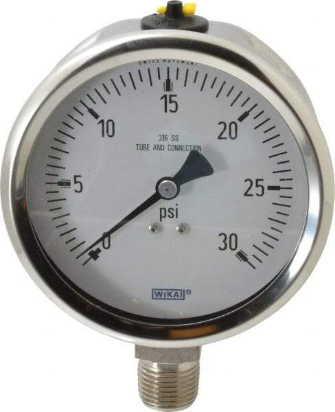 Wika - 4" Dial, 1/2 Thread, 0-30 Scale Range, Pressure Gauge - Lower Connection Mount, Accurate to 1% of Scale - Americas Industrial Supply