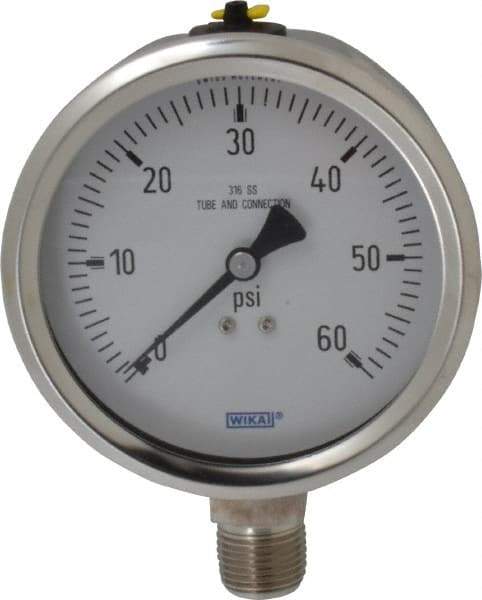 Wika - 4" Dial, 1/2 Thread, 0-60 Scale Range, Pressure Gauge - Lower Connection Mount, Accurate to 1% of Scale - Americas Industrial Supply