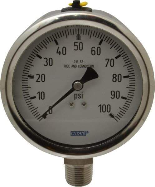 Wika - 4" Dial, 1/2 Thread, 0-100 Scale Range, Pressure Gauge - Lower Connection Mount, Accurate to 1% of Scale - Americas Industrial Supply