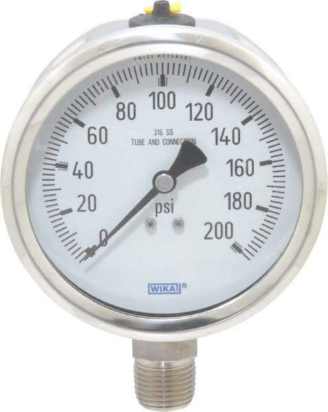 Wika - 4" Dial, 1/2 Thread, 0-200 Scale Range, Pressure Gauge - Lower Connection Mount, Accurate to 1% of Scale - Americas Industrial Supply