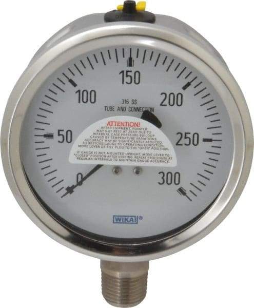 Wika - 4" Dial, 1/2 Thread, 0-300 Scale Range, Pressure Gauge - Lower Connection Mount, Accurate to 1% of Scale - Americas Industrial Supply