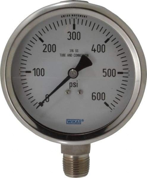 Wika - 4" Dial, 1/2 Thread, 0-600 Scale Range, Pressure Gauge - Lower Connection Mount, Accurate to 1% of Scale - Americas Industrial Supply