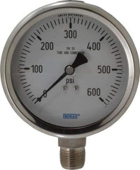 Wika - 4" Dial, 1/2 Thread, 0-600 Scale Range, Pressure Gauge - Lower Connection Mount, Accurate to 1% of Scale - Americas Industrial Supply