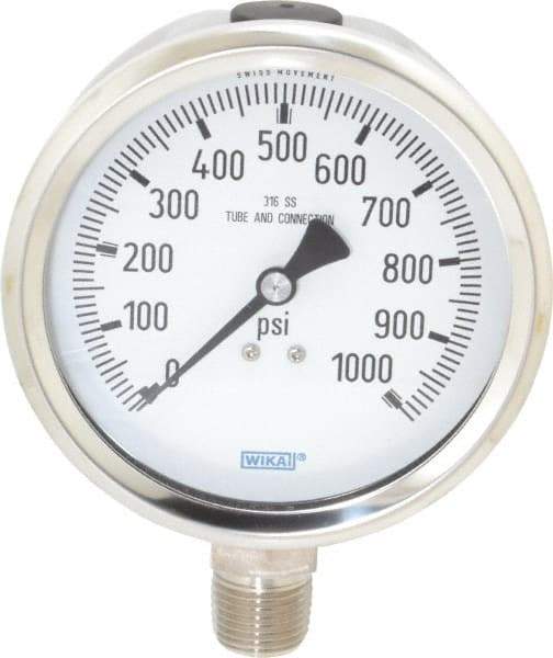 Wika - 4" Dial, 1/2 Thread, 0-1,000 Scale Range, Pressure Gauge - Lower Connection Mount, Accurate to 1% of Scale - Americas Industrial Supply