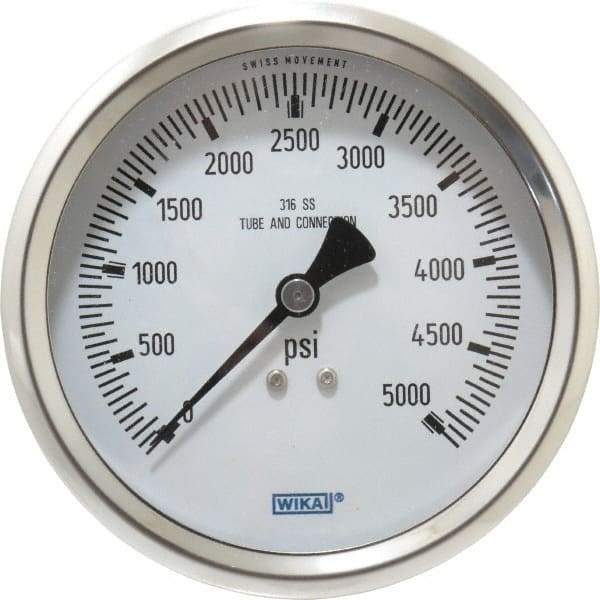 Wika - 4" Dial, 1/2 Thread, 0-5,000 Scale Range, Pressure Gauge - Lower Back Connection Mount, Accurate to 1% of Scale - Americas Industrial Supply