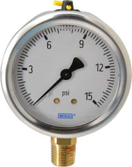 Wika - 2-1/2" Dial, 1/4 Thread, 0-15 Scale Range, Pressure Gauge - Lower Connection Mount, Accurate to 1.5% of Scale - Americas Industrial Supply