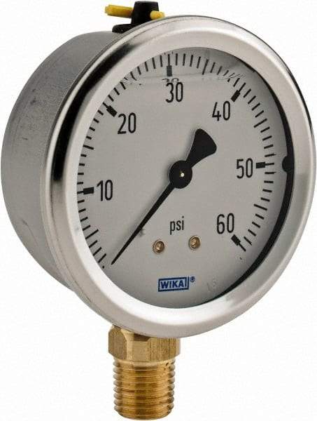 Wika - 2-1/2" Dial, 1/4 Thread, 0-60 Scale Range, Pressure Gauge - Lower Connection Mount, Accurate to 1.5% of Scale - Americas Industrial Supply