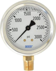 Wika - 2-1/2" Dial, 1/4 Thread, 0-3,000 Scale Range, Pressure Gauge - Lower Connection Mount, Accurate to 1.5% of Scale - Americas Industrial Supply