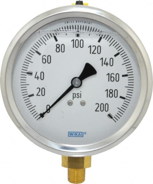 Wika - 4" Dial, 1/4 Thread, 0-200 Scale Range, Pressure Gauge - Lower Connection Mount, Accurate to 1% of Scale - Americas Industrial Supply