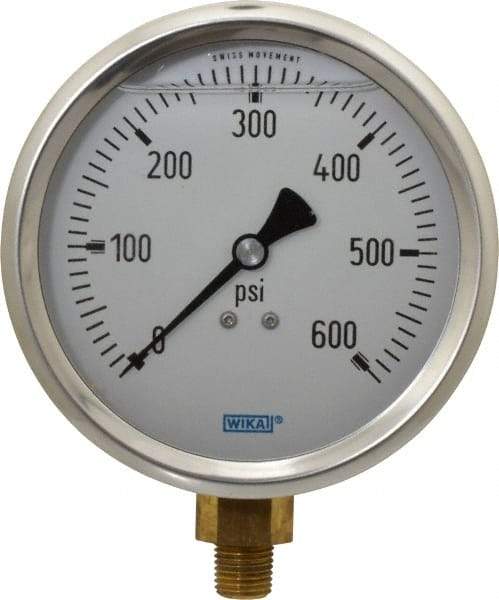 Wika - 4" Dial, 1/4 Thread, 0-600 Scale Range, Pressure Gauge - Lower Connection Mount, Accurate to 1% of Scale - Americas Industrial Supply