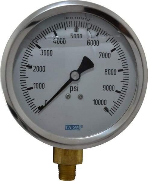 Wika - 4" Dial, 1/4 Thread, 0-10,000 Scale Range, Pressure Gauge - Lower Connection Mount, Accurate to 1% of Scale - Americas Industrial Supply