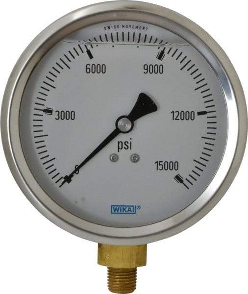 Wika - 4" Dial, 1/4 Thread, 0-15,000 Scale Range, Pressure Gauge - Lower Connection Mount, Accurate to 1% of Scale - Americas Industrial Supply