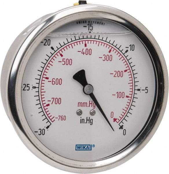 Wika - 4" Dial, 1/4 Thread, 30-0 Scale Range, Pressure Gauge - Lower Back Connection Mount, Accurate to 1% of Scale - Americas Industrial Supply
