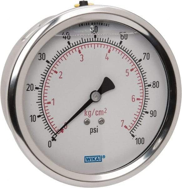 Wika - 4" Dial, 1/4 Thread, 0-100 Scale Range, Pressure Gauge - Lower Back Connection Mount, Accurate to 1% of Scale - Americas Industrial Supply