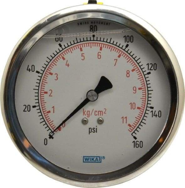 Wika - 4" Dial, 1/4 Thread, 0-160 Scale Range, Pressure Gauge - Lower Back Connection Mount, Accurate to 1% of Scale - Americas Industrial Supply