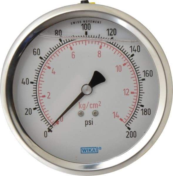 Wika - 4" Dial, 1/4 Thread, 0-200 Scale Range, Pressure Gauge - Lower Back Connection Mount, Accurate to 1% of Scale - Americas Industrial Supply