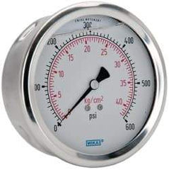 Wika - 4" Dial, 1/4 Thread, 0-600 Scale Range, Pressure Gauge - Lower Back Connection Mount, Accurate to 1% of Scale - Americas Industrial Supply