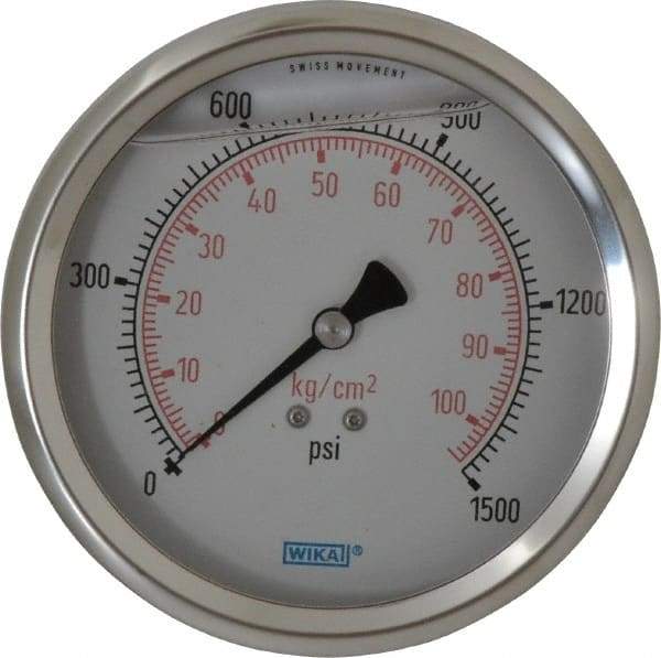 Wika - 4" Dial, 1/4 Thread, 0-1,500 Scale Range, Pressure Gauge - Lower Back Connection Mount, Accurate to 1% of Scale - Americas Industrial Supply