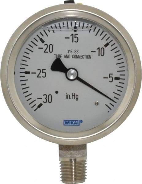 Wika - 2-1/2" Dial, 1/4 Thread, 30-0 Scale Range, Pressure Gauge - Lower Connection Mount, Accurate to 1.5% of Scale - Americas Industrial Supply