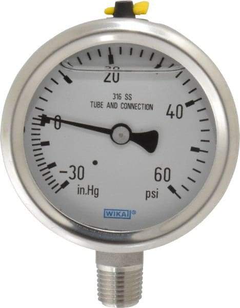 Wika - 2-1/2" Dial, 1/4 Thread, 30-0-60 Scale Range, Pressure Gauge - Lower Connection Mount, Accurate to 1.5% of Scale - Americas Industrial Supply
