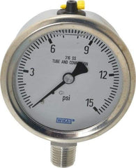 Wika - 2-1/2" Dial, 1/4 Thread, 0-15 Scale Range, Pressure Gauge - Lower Connection Mount, Accurate to 1.5% of Scale - Americas Industrial Supply