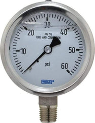 Wika - 2-1/2" Dial, 1/4 Thread, 0-60 Scale Range, Pressure Gauge - Lower Connection Mount, Accurate to 1.5% of Scale - Americas Industrial Supply
