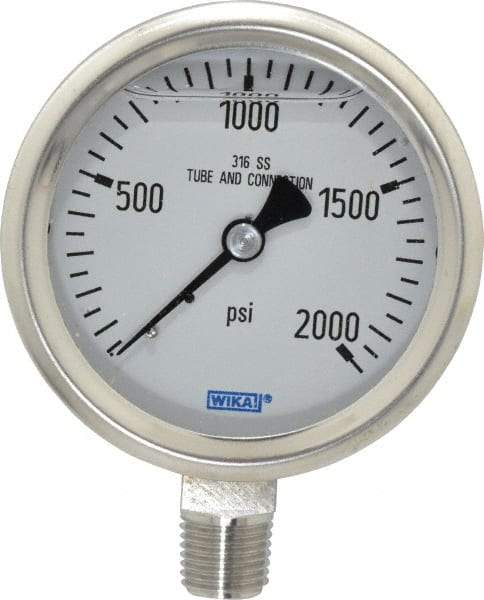 Wika - 2-1/2" Dial, 1/4 Thread, 0-2,000 Scale Range, Pressure Gauge - Lower Connection Mount, Accurate to 1.5% of Scale - Americas Industrial Supply