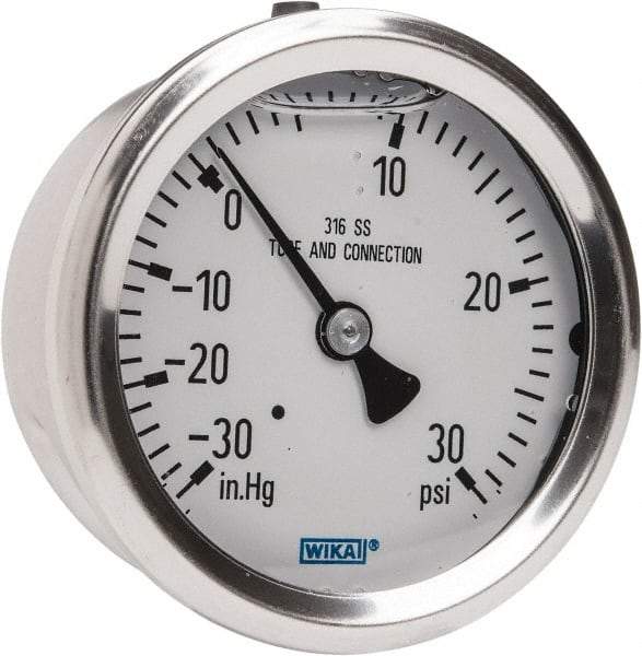 Wika - 2-1/2" Dial, 1/4 Thread, 30-0-30 Scale Range, Pressure Gauge - Center Back Connection Mount, Accurate to 1.5% of Scale - Americas Industrial Supply