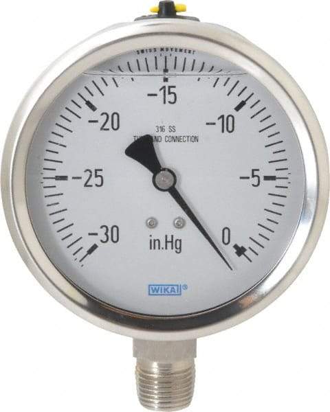 Wika - 4" Dial, 1/2 Thread, 30-0 Scale Range, Pressure Gauge - Lower Connection Mount, Accurate to 1% of Scale - Americas Industrial Supply