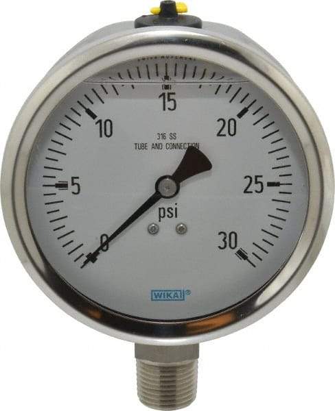 Wika - 4" Dial, 1/2 Thread, 0-30 Scale Range, Pressure Gauge - Lower Connection Mount, Accurate to 1% of Scale - Americas Industrial Supply