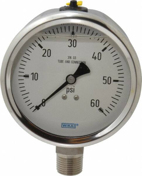 Wika - 4" Dial, 1/2 Thread, 0-60 Scale Range, Pressure Gauge - Lower Connection Mount, Accurate to 1% of Scale - Americas Industrial Supply