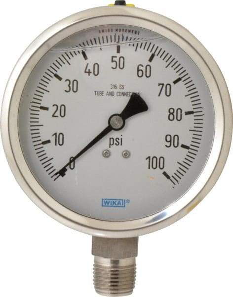 Wika - 4" Dial, 1/2 Thread, 0-100 Scale Range, Pressure Gauge - Lower Connection Mount, Accurate to 1% of Scale - Americas Industrial Supply