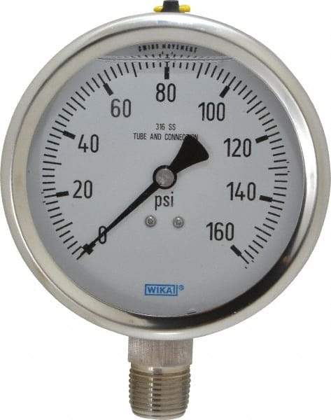 Wika - 4" Dial, 1/2 Thread, 0-160 Scale Range, Pressure Gauge - Lower Connection Mount, Accurate to 1% of Scale - Americas Industrial Supply